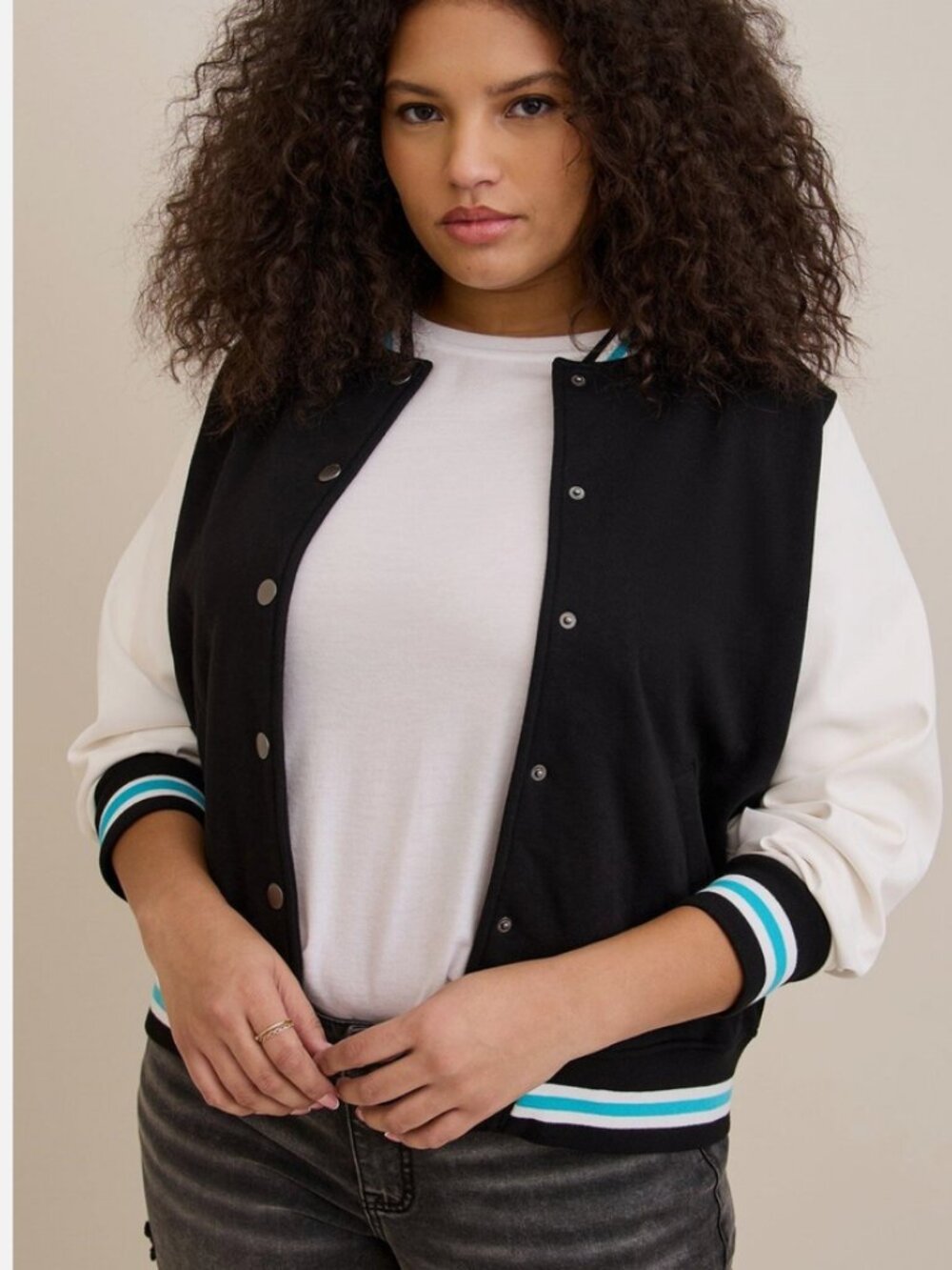 Torrid 6x Black and White Fleece Varsity Bomber
